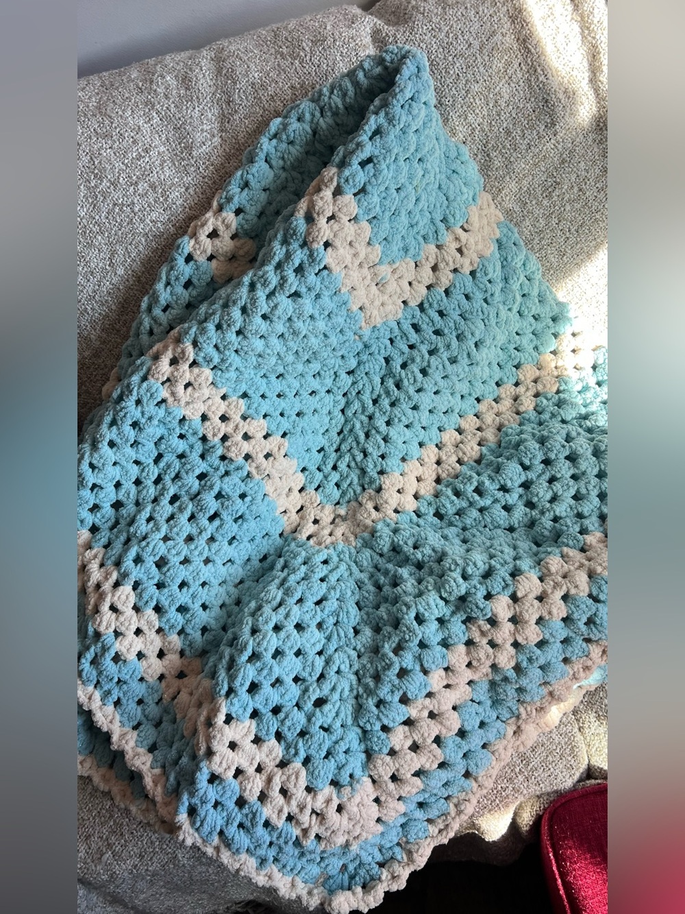 60 x 60 Hand Crocheted Chunky Chenille Blanket Light Blue Cream Glitter Throw